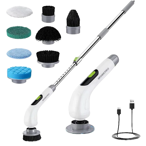 اسکرابر چرخشی شارژی WORKPRO؛ برس برقی دسته‌بلند ۳ سرعته با ۸ سری قابل تعویض (ضد آب)